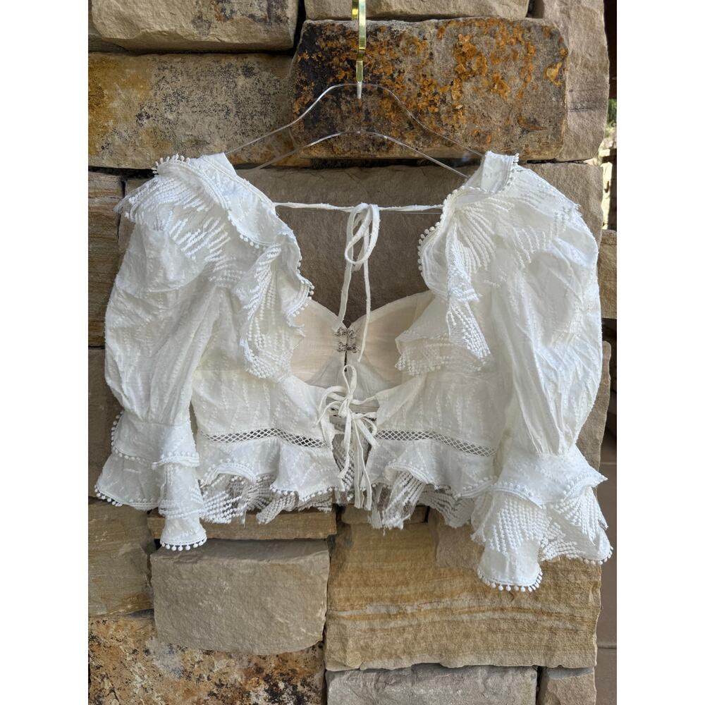 Elaborate Mulla White Ruffle Lace Corset Blouse Statement Top - Picture 15 of 15